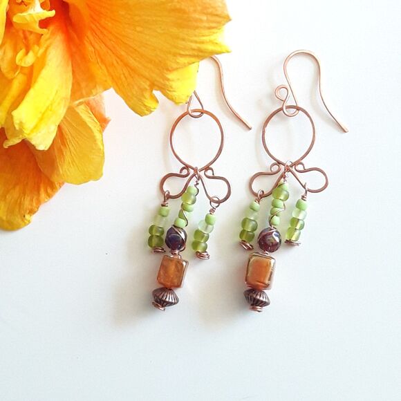 artisan 628#mfs Fireglazed amber bohemian glass fringe earrings copper earrings - Picture 1 of 4